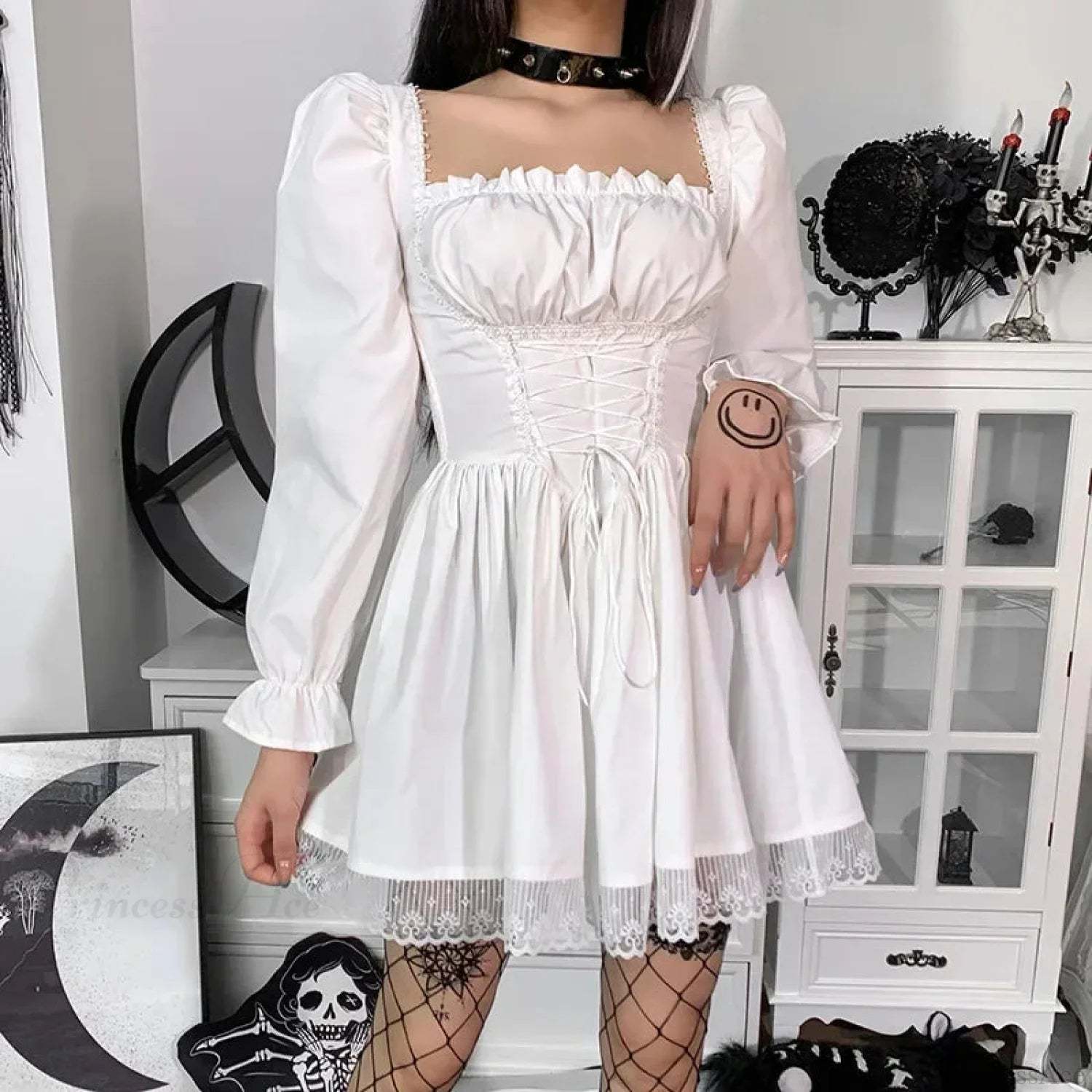 Ivory Lace Puff Small Dress white / S