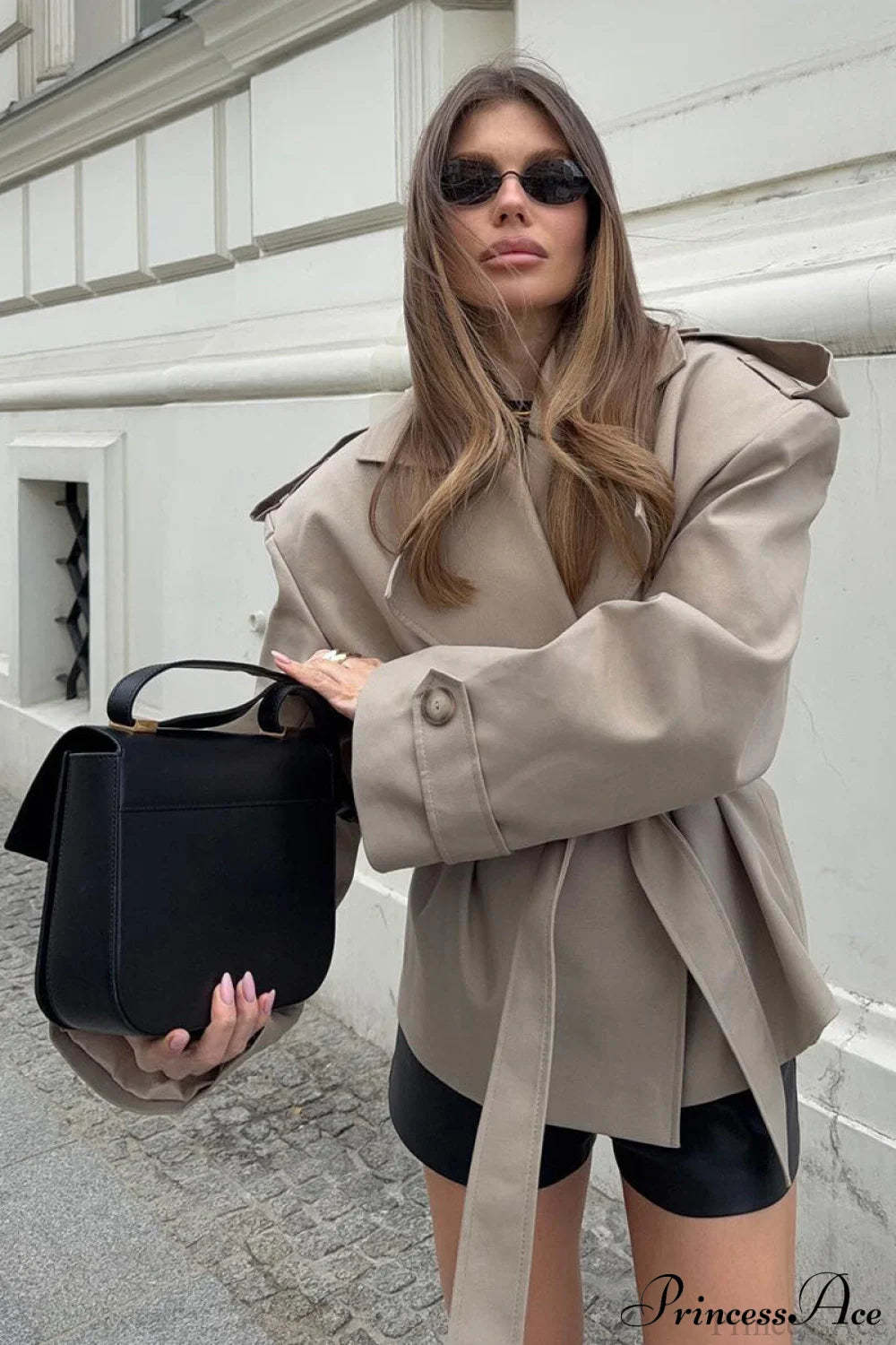 Khaki Long Sleeve Tie Waist Collar Trench Coat