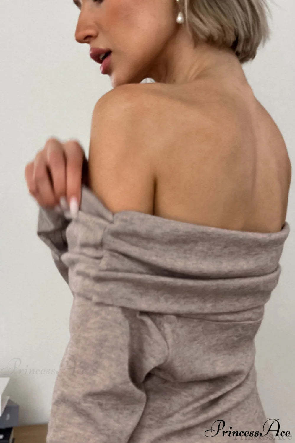 Khaki Off Shoulder Slim Knit Long Sleeve Tee