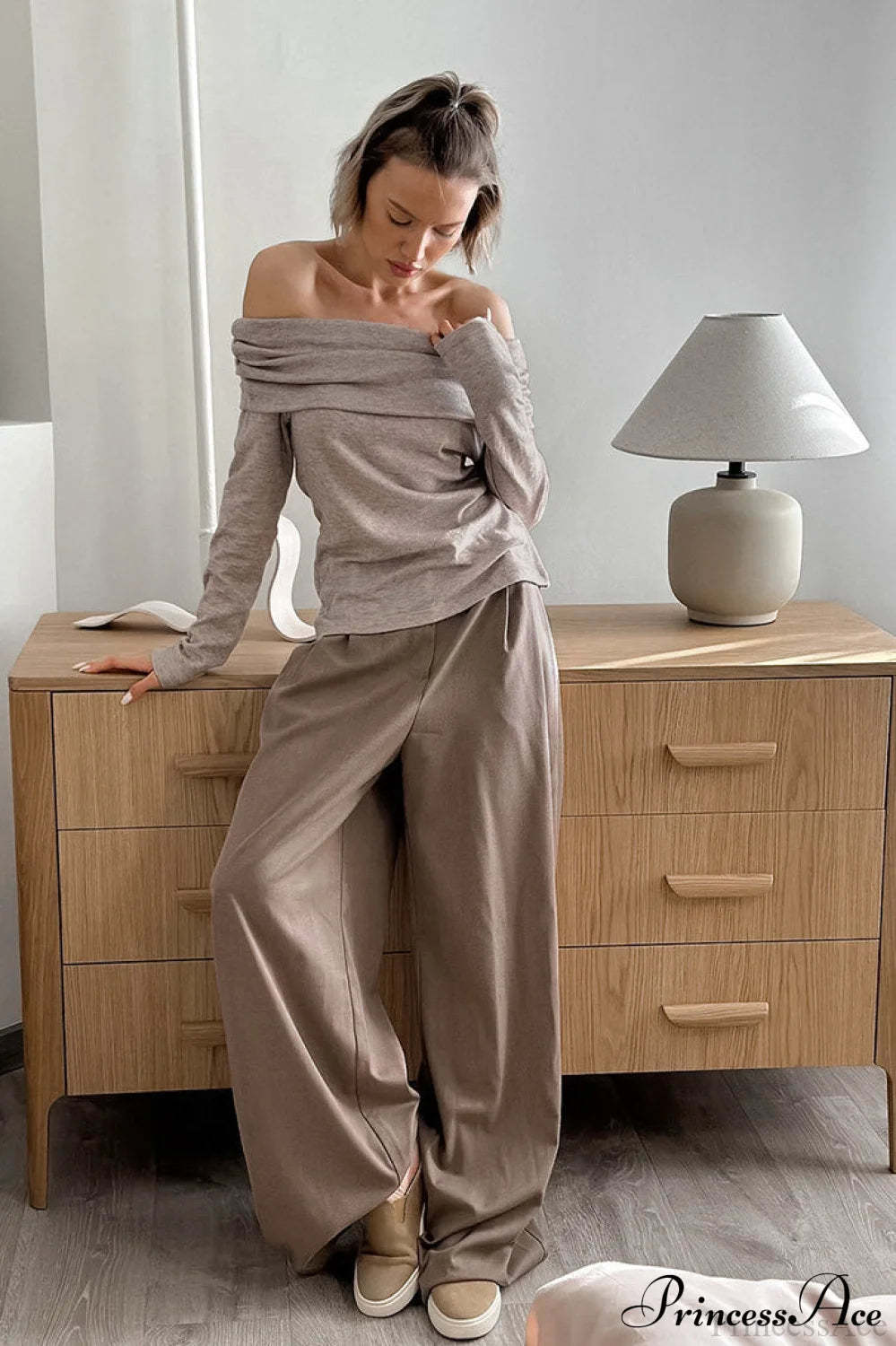 Khaki Off Shoulder Slim Knit Long Sleeve Tee