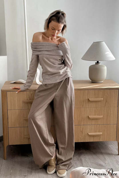 Khaki Off Shoulder Slim Knit Long Sleeve Tee