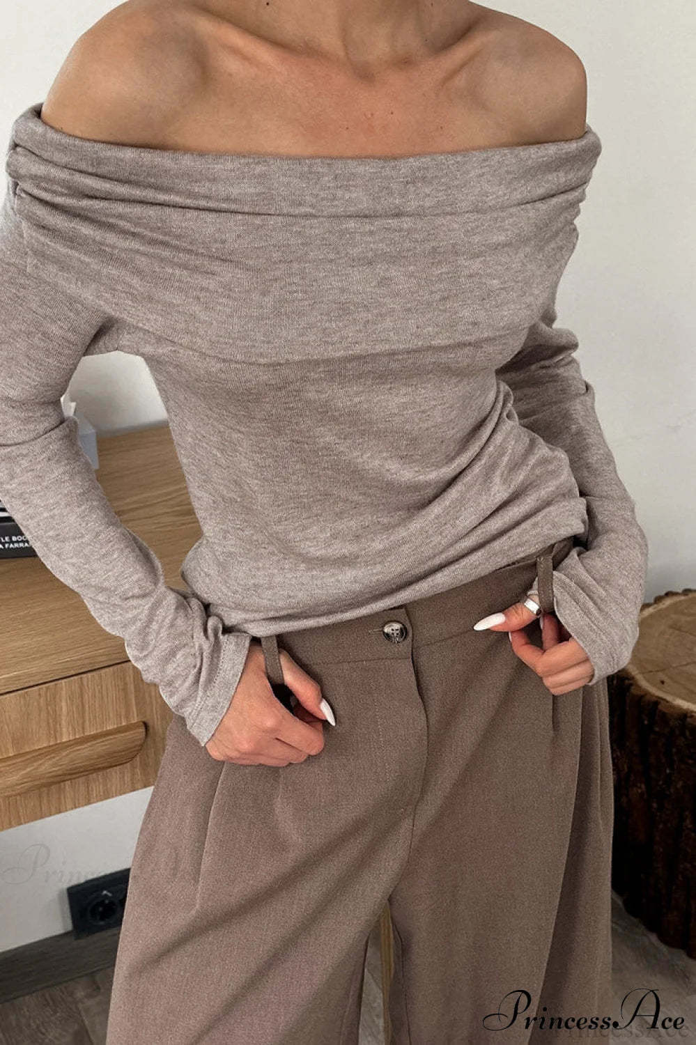 Khaki Off Shoulder Slim Knit Long Sleeve Tee