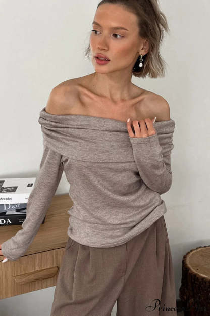 Khaki Off Shoulder Slim Knit Long Sleeve Tee Brown / S
