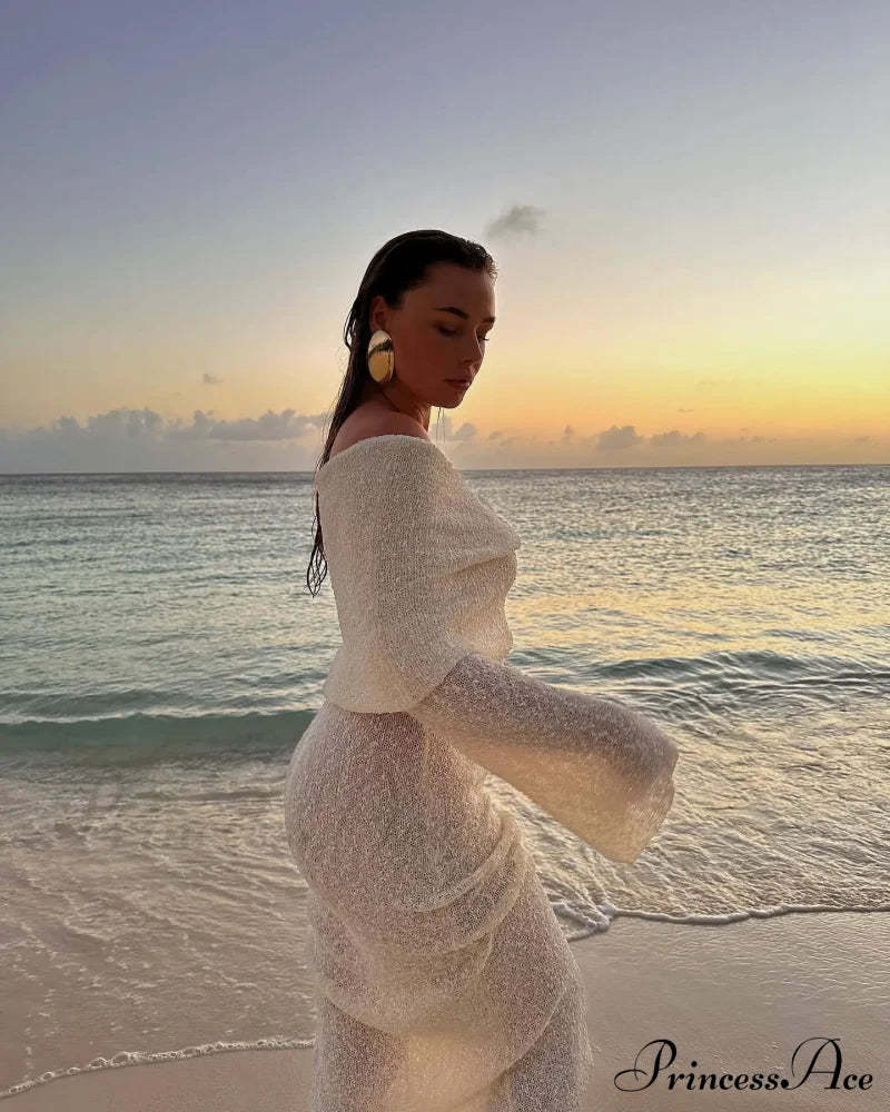 Knit Off-Shoulder Long Charming Sleeve Maxi Dress