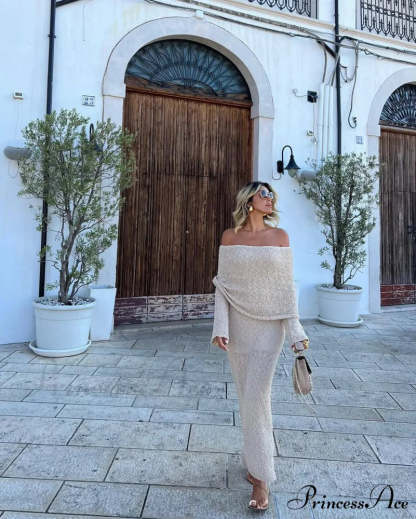 Knit Off-Shoulder Long Charming Sleeve Maxi Dress