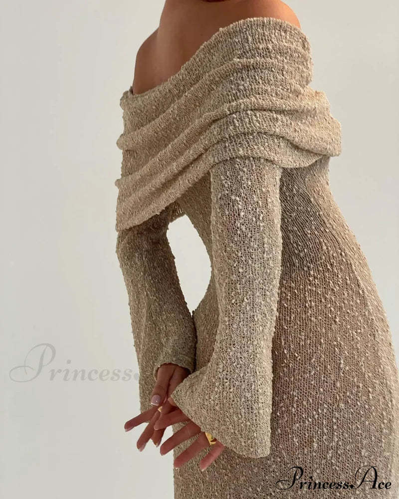 Knit Off-Shoulder Long Charming Sleeve Maxi Dress