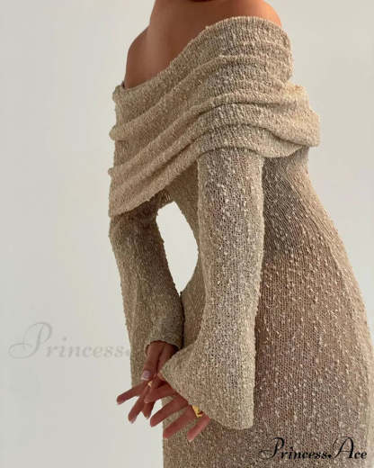 Knit Off-Shoulder Long Charming Sleeve Maxi Dress