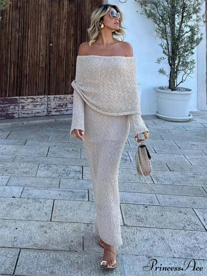Knit Off-Shoulder Long Charming Sleeve Maxi Dress