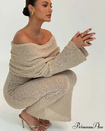 Knit Off-Shoulder Long Charming Sleeve Maxi Dress