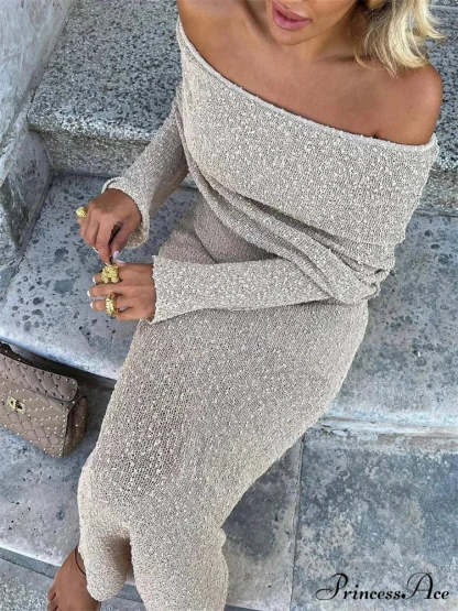 Knit Off-Shoulder Long Charming Sleeve Maxi Dress