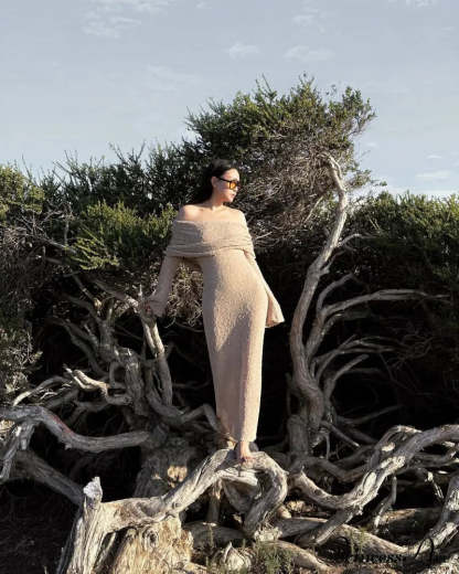 Knit Off-Shoulder Long Charming Sleeve Maxi Dress