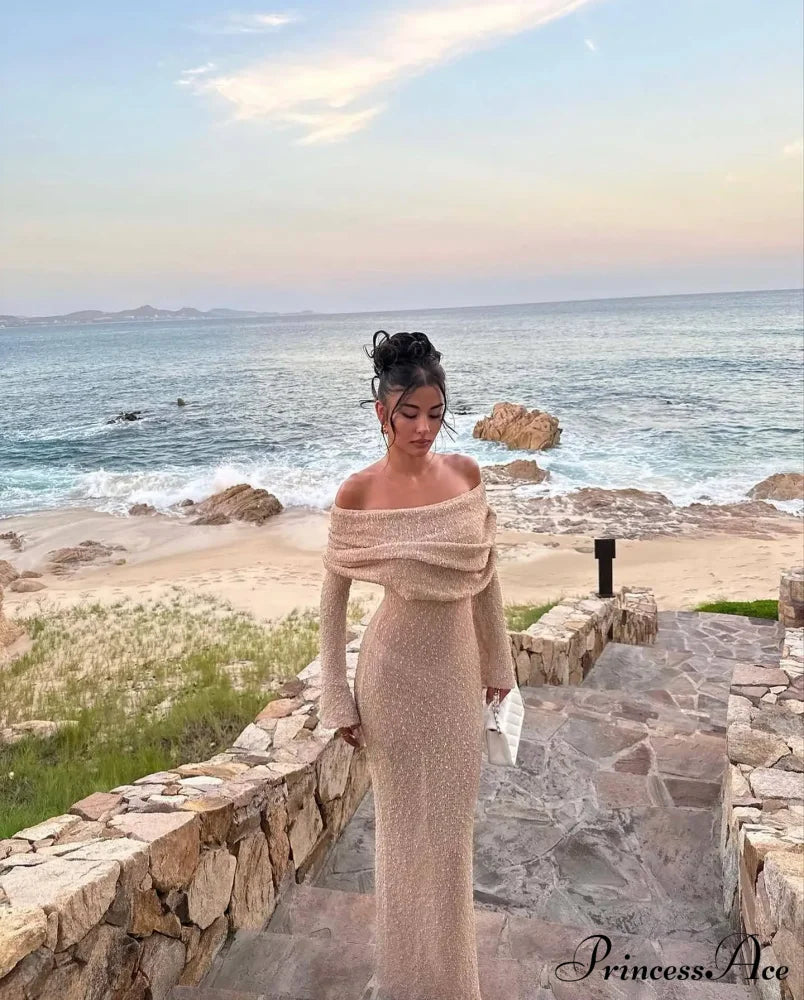 Knit Off-Shoulder Long Charming Sleeve Maxi Dress