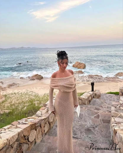 Knit Off-Shoulder Long Charming Sleeve Maxi Dress