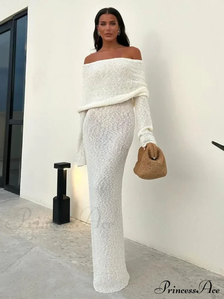 Knit Off-Shoulder Long Charming Sleeve Maxi Dress