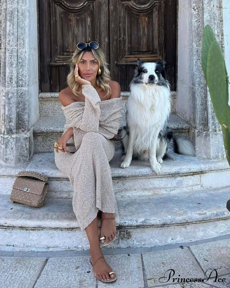 Knit Off-Shoulder Long Charming Sleeve Maxi Dress