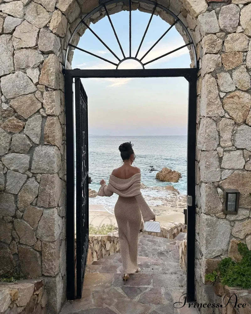 Knit Off-Shoulder Long Charming Sleeve Maxi Dress