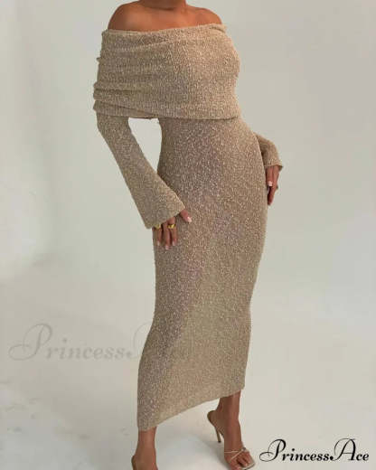 Knit Off-Shoulder Long Charming Sleeve Maxi Dress