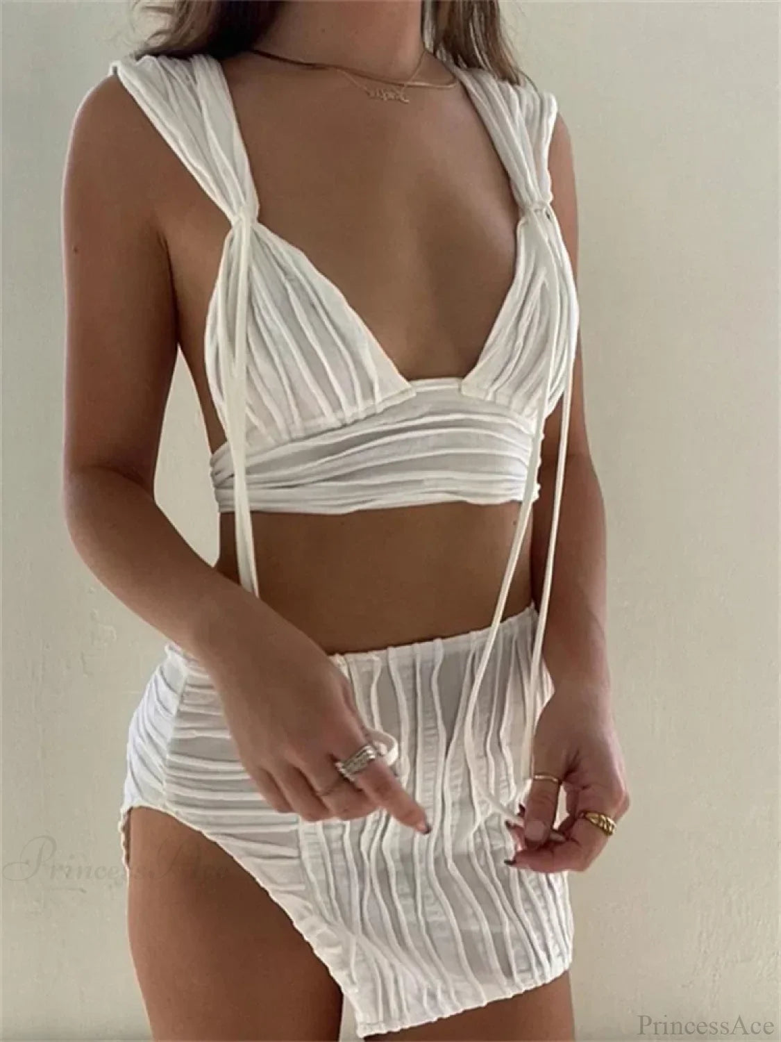 Knitted Deep V-neck Tank Crop Top High Waist Split Mini Skirt Set WHITE / S twopiecesset-250126