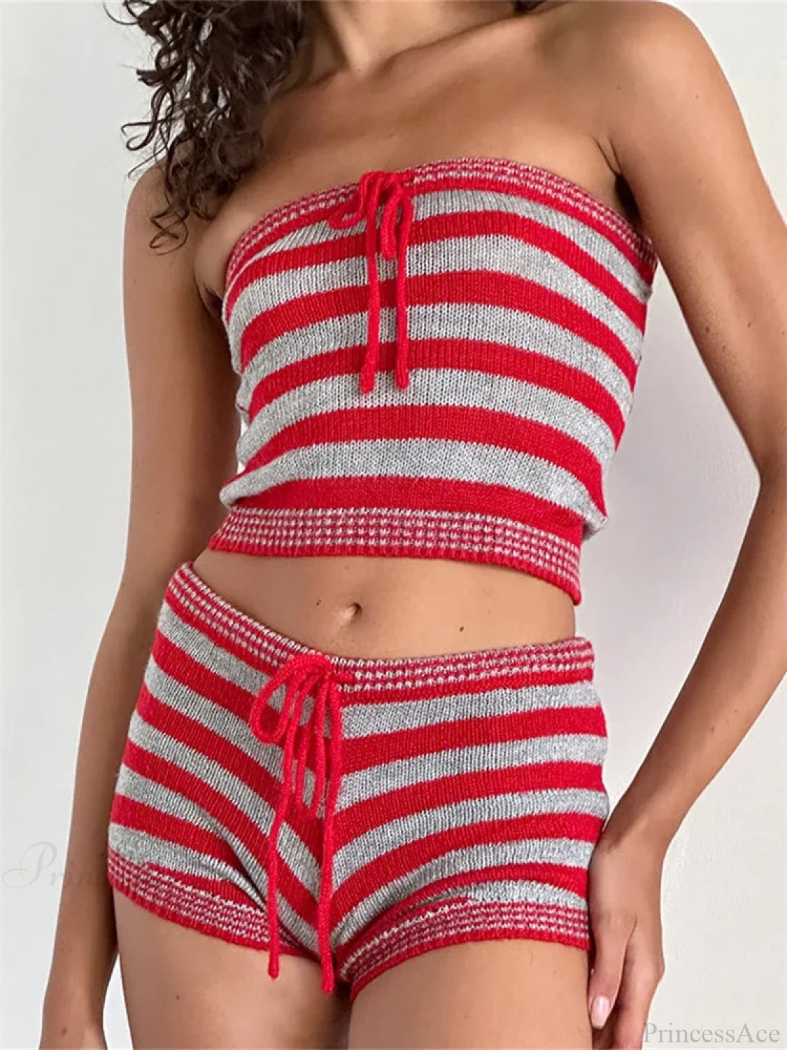 Knitted Striped Off Shoulder Crop Tube Top with Drawstring Shorts Set RED / S twopiecesset-250126