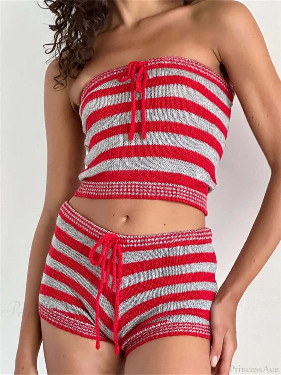 Knitted Striped Off Shoulder Crop Tube Top with Drawstring Shorts Set RED / S twopiecesset-250126