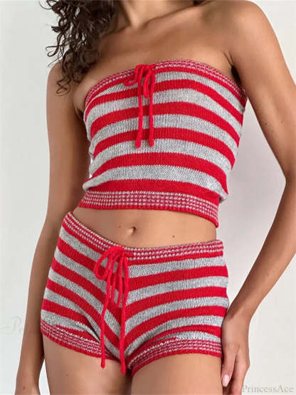 Knitted Striped Off Shoulder Crop Tube Top with Drawstring Shorts Set RED / S twopiecesset-250126