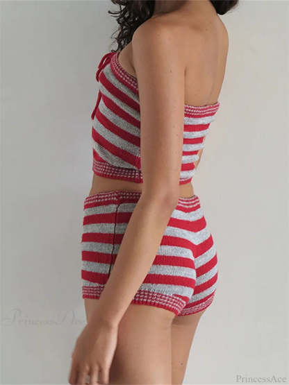 Knitted Striped Off Shoulder Crop Tube Top with Drawstring Shorts Set twopiecesset-250126