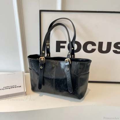 Korean Retro PU Leather Shoulder Bag Black shoulder-250126