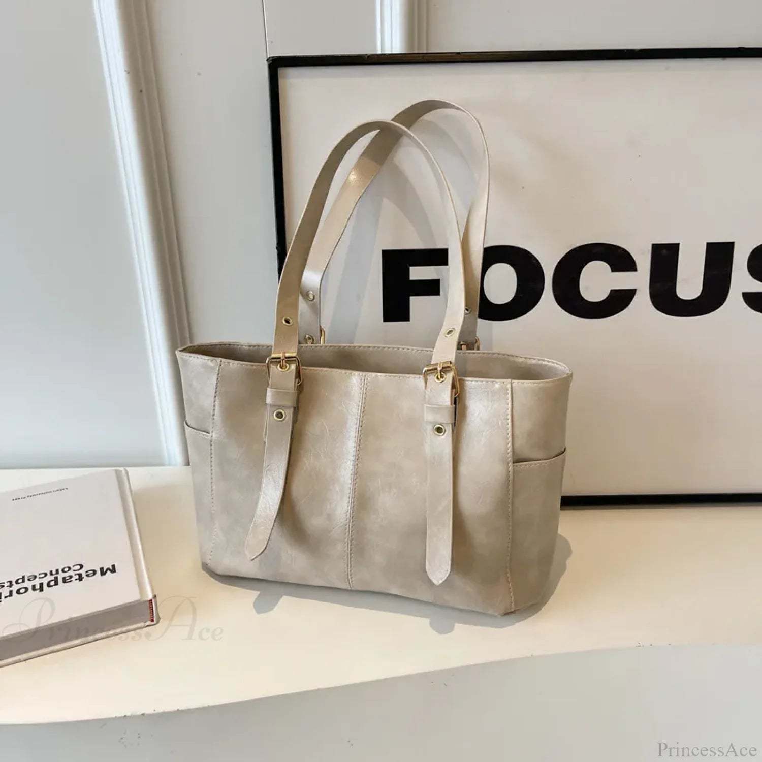 Korean Retro PU Leather Shoulder Bag Creamy-white shoulder-250126