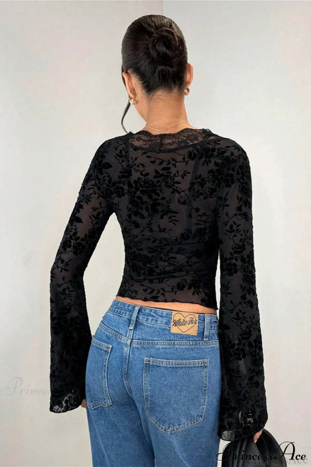 Lace Panel Leopard Slim Flared Sleeve Long Sleeve Tee
