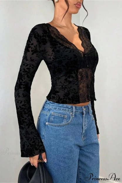 Lace Panel Leopard Slim Flared Sleeve Long Sleeve Tee