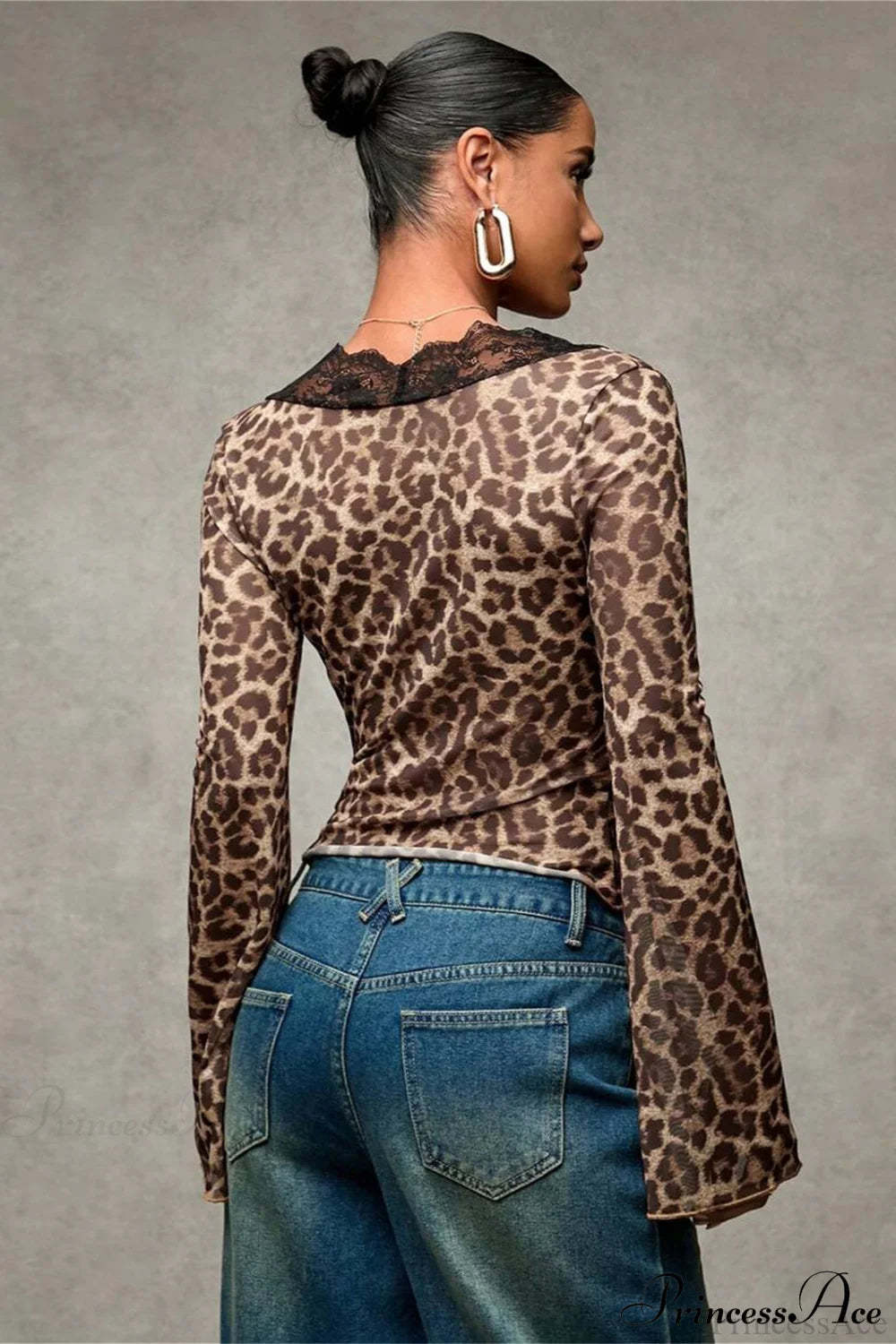Lace Panel Leopard Slim Flared Sleeve Long Sleeve Tee