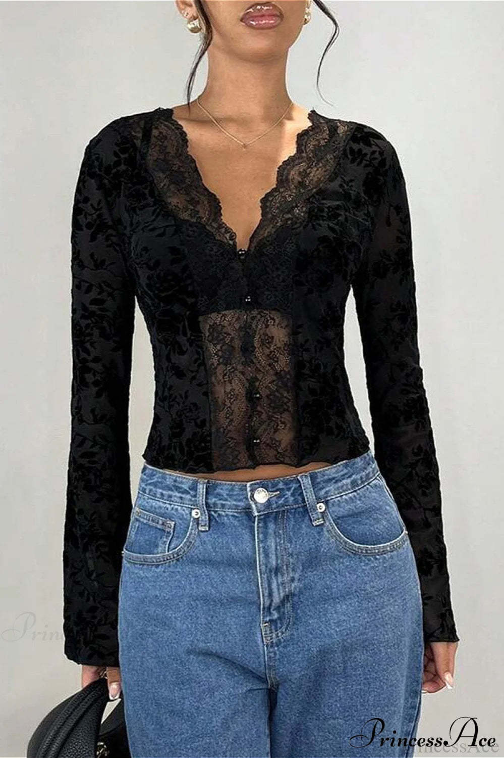 Lace Panel Leopard Slim Flared Sleeve Long Sleeve Tee Black / S