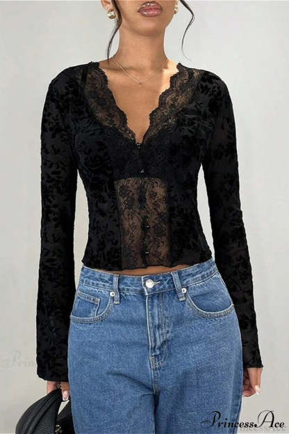 Lace Panel Leopard Slim Flared Sleeve Long Sleeve Tee Black / S