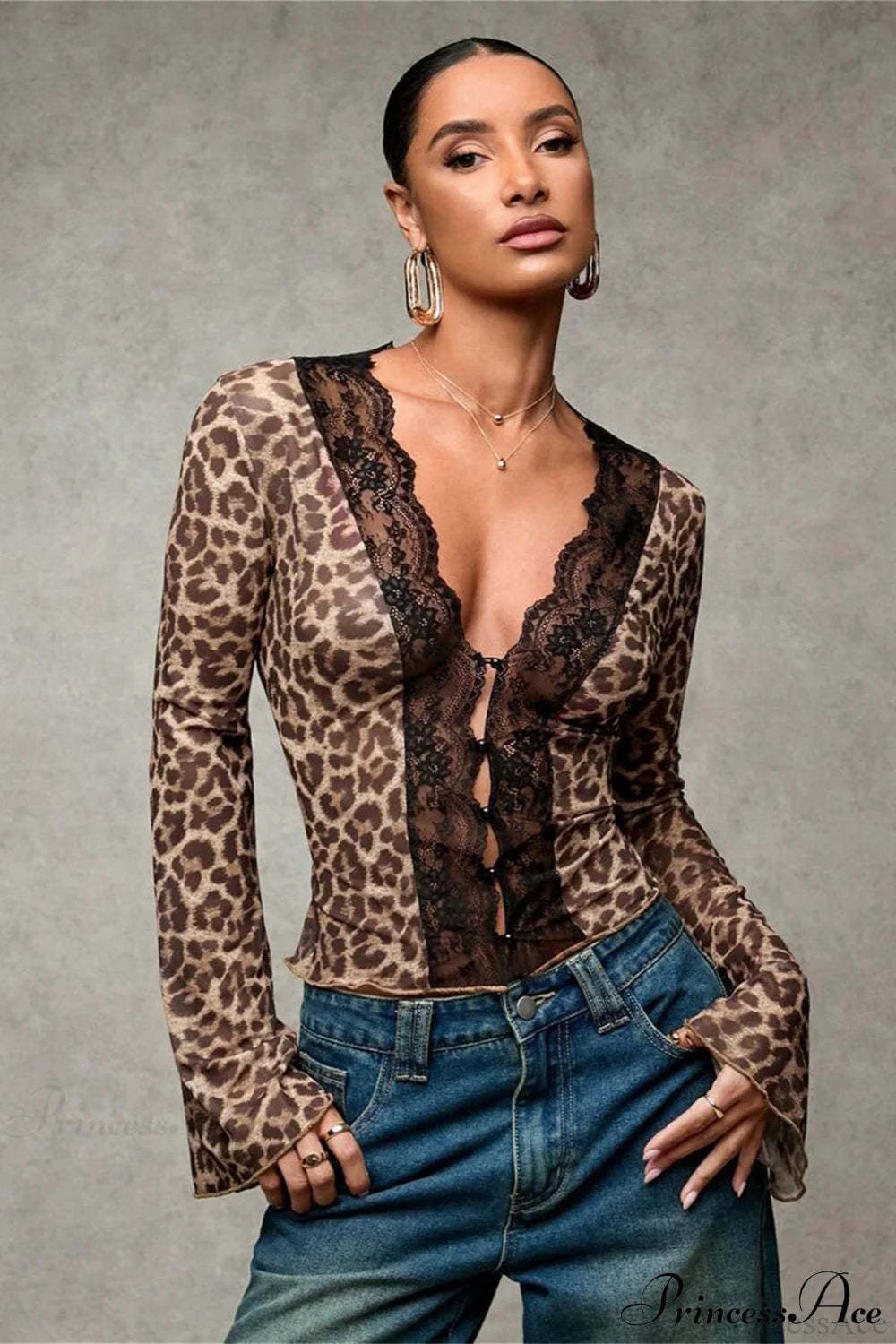 Lace Panel Leopard Slim Flared Sleeve Long Sleeve Tee Brown / S