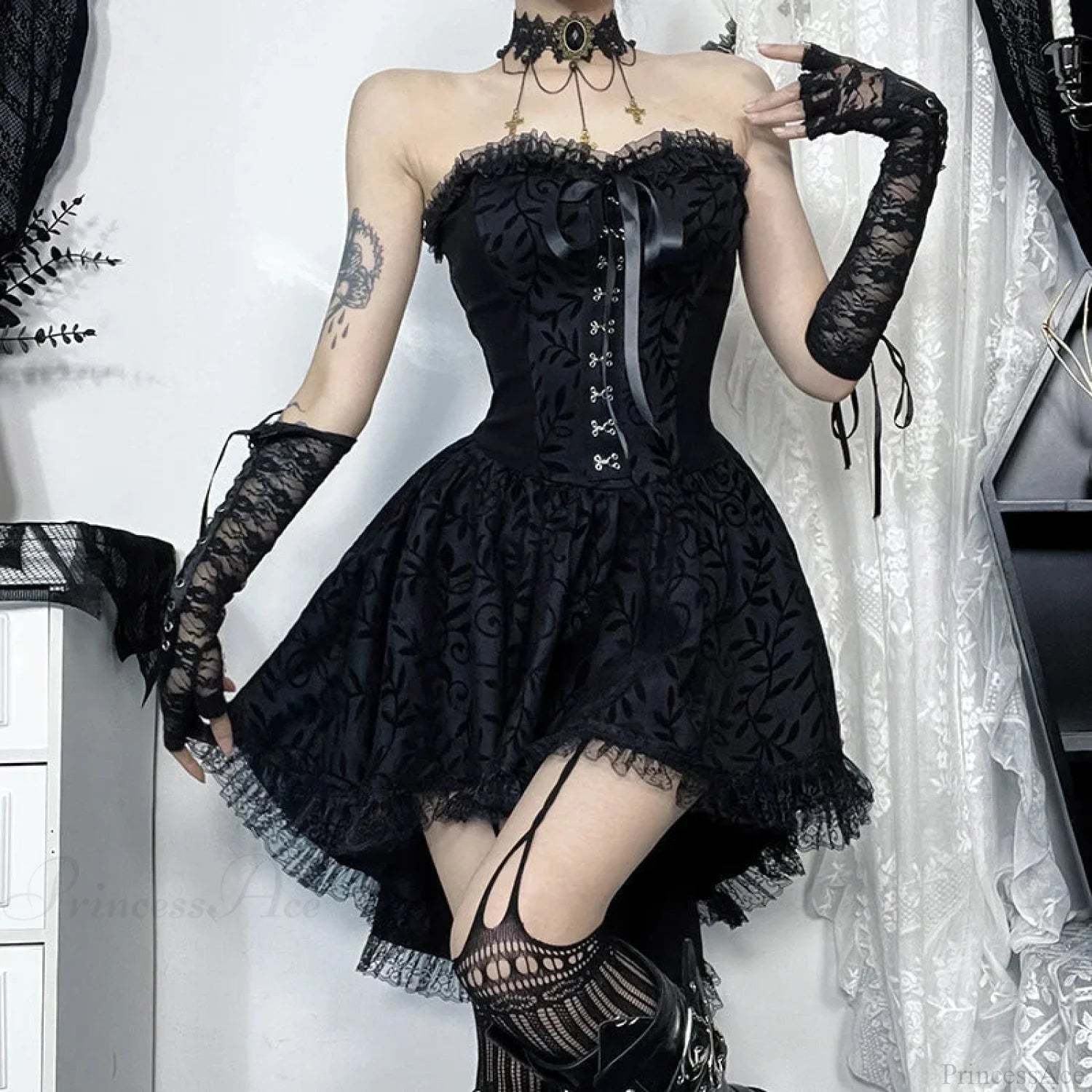 Lace Patchwork Corset Mini Dress Black / S