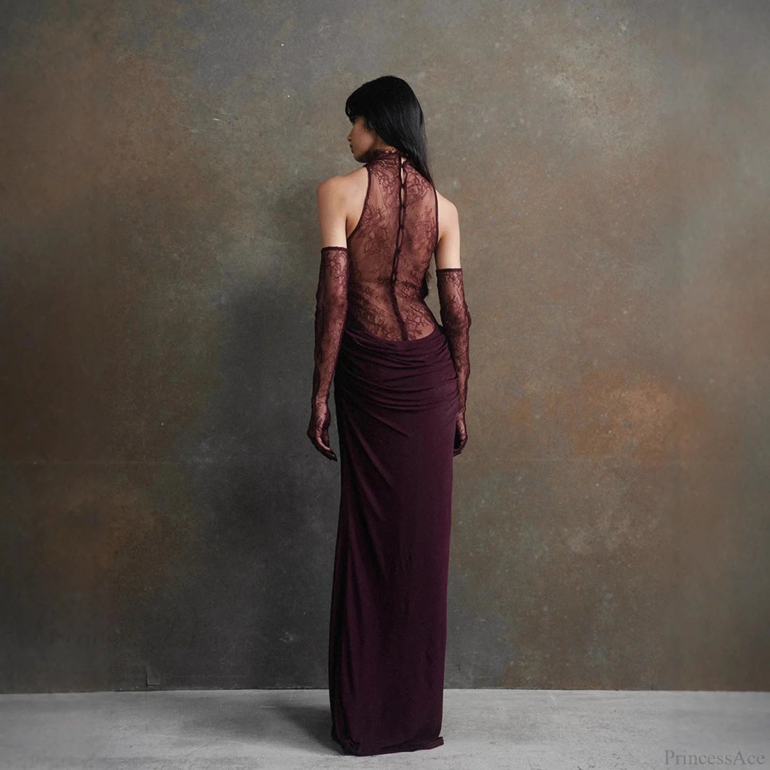 Lace Patchwork Deep V Ruched Prom Dress promdress-250223