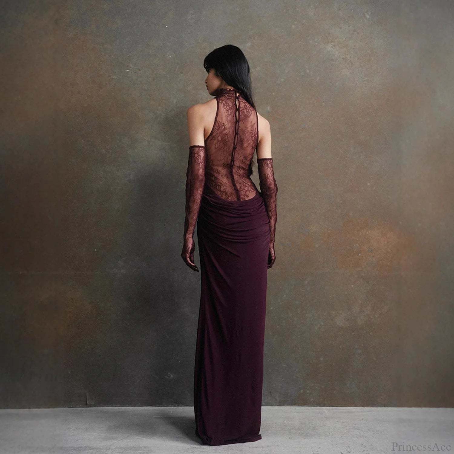 Lace Patchwork Deep V Ruched Prom Dress promdress-250223