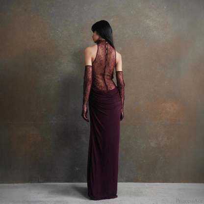 Lace Patchwork Deep V Ruched Prom Dress promdress-250223