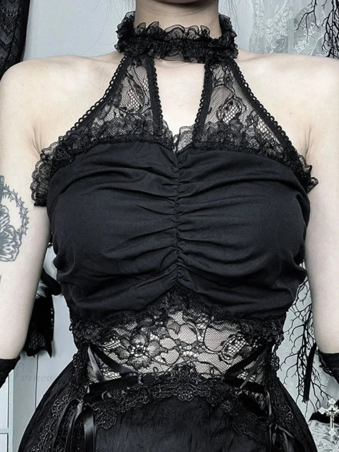 Lace Patchwork Halter Mini Dress