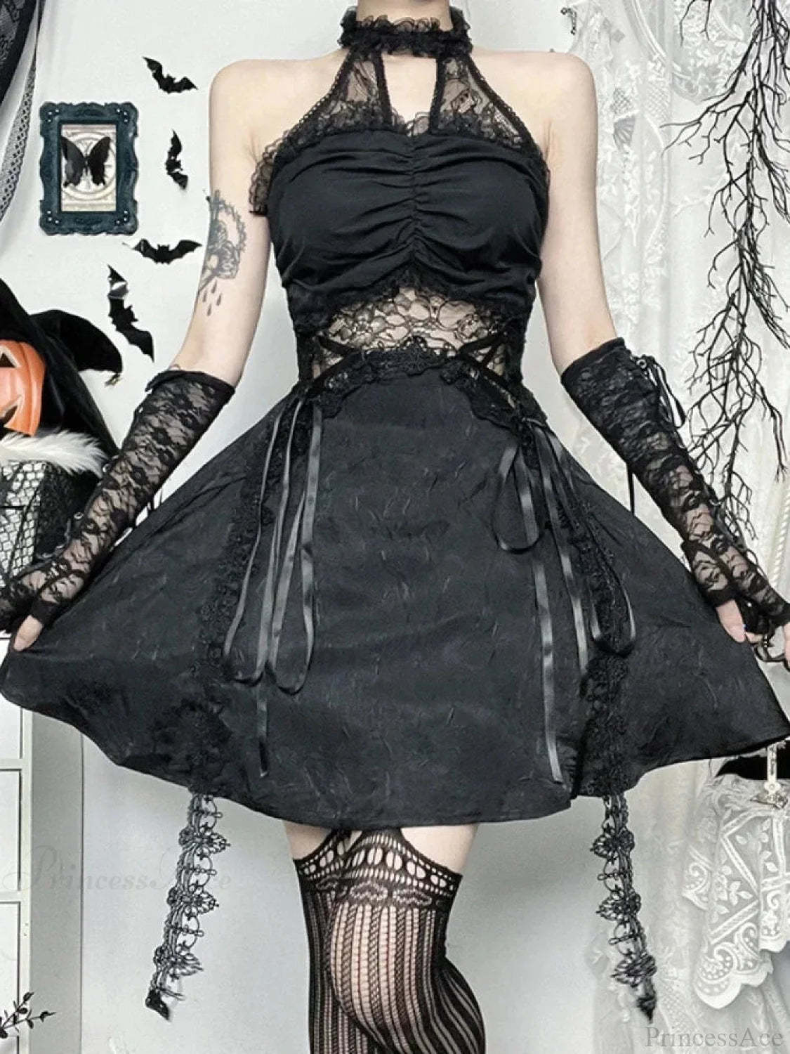 Lace Patchwork Halter Mini Dress