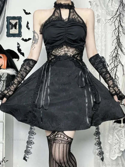 Lace Patchwork Halter Mini Dress