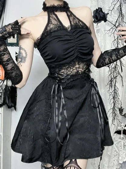 Lace Patchwork Halter Mini Dress Black / XS