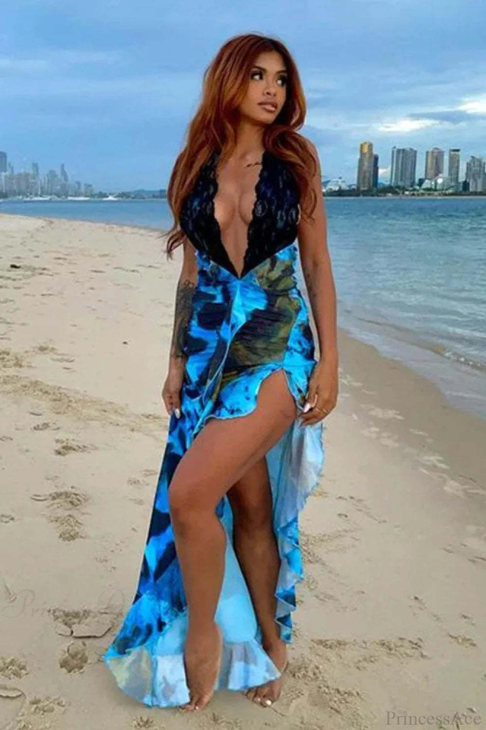 Lace Patchwork Halter Vacation Dress Blue / S vacationdress-250223