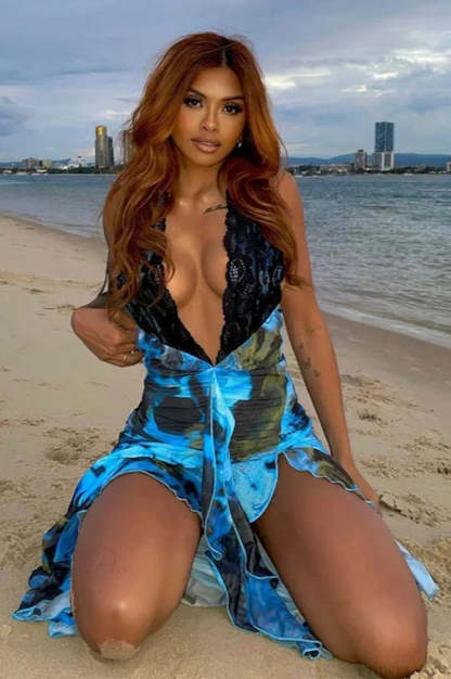 Lace Patchwork Halter Vacation Dress vacationdress-250223