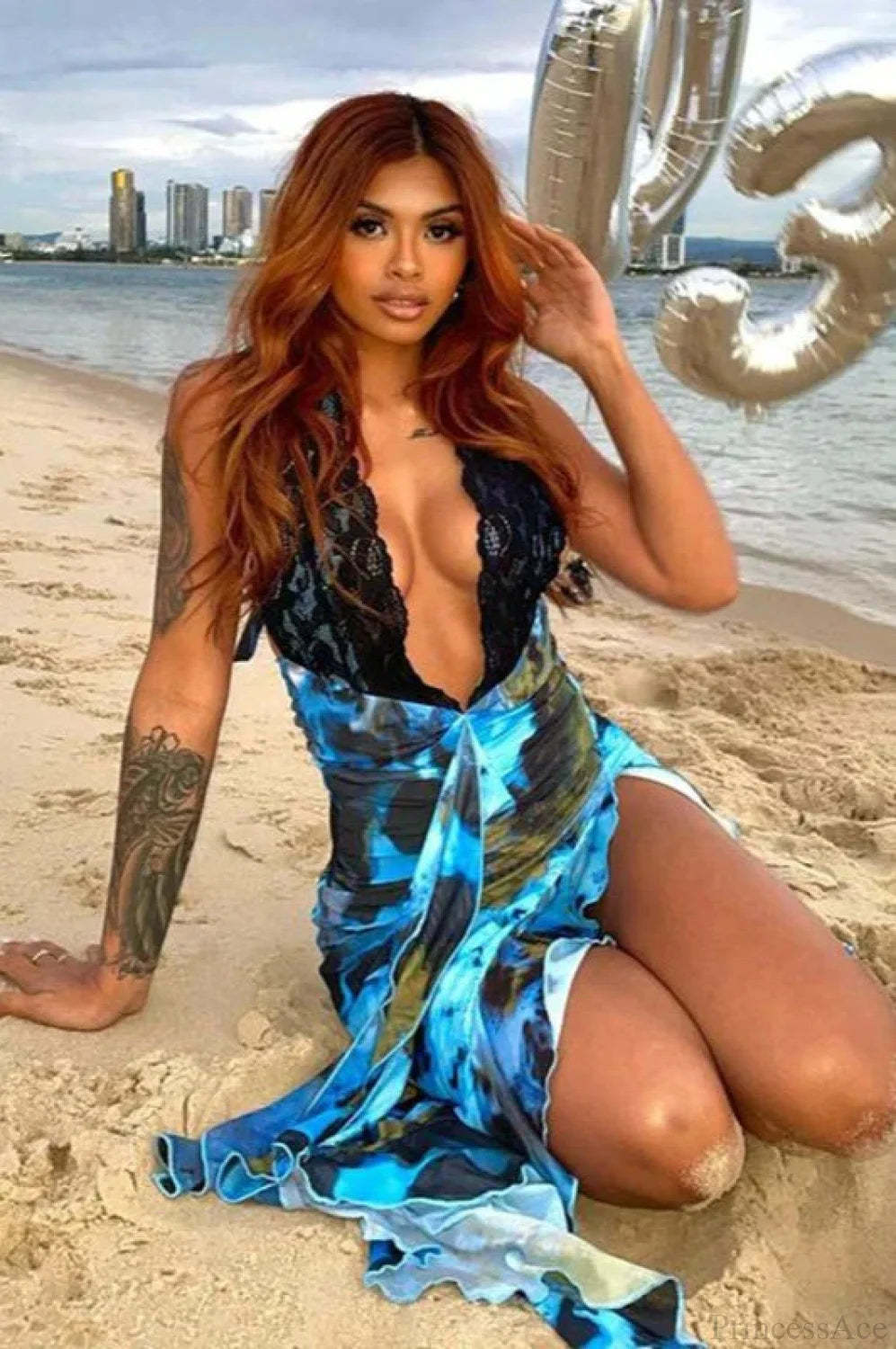 Lace Patchwork Halter Vacation Dress vacationdress-250223