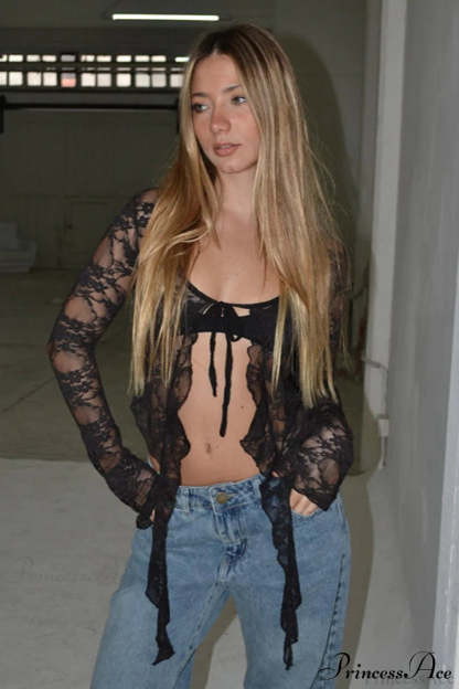 Lace Sheer Tie Cardigan Blouse