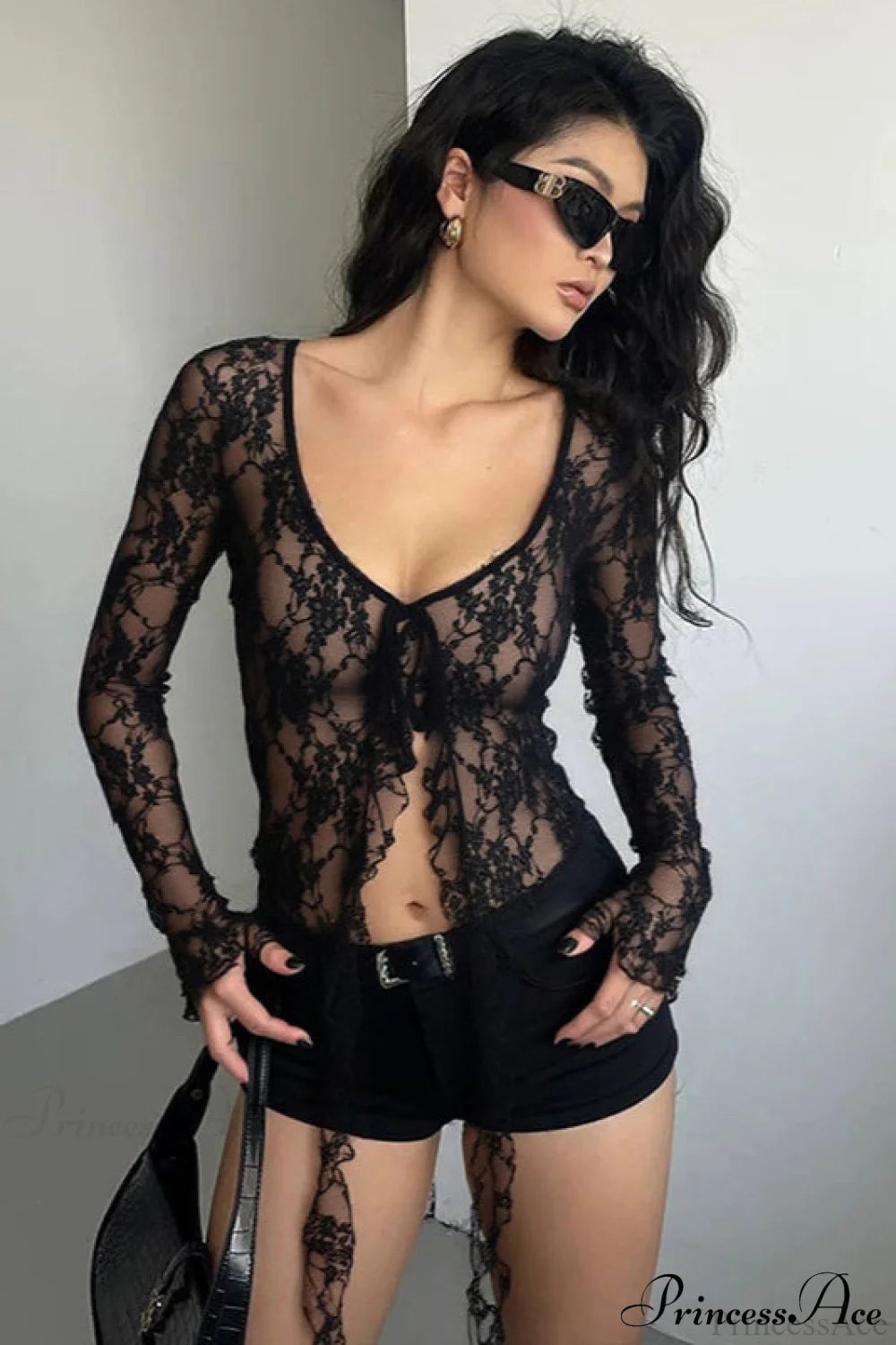 Lace Sheer Tie Cardigan Blouse Black / S