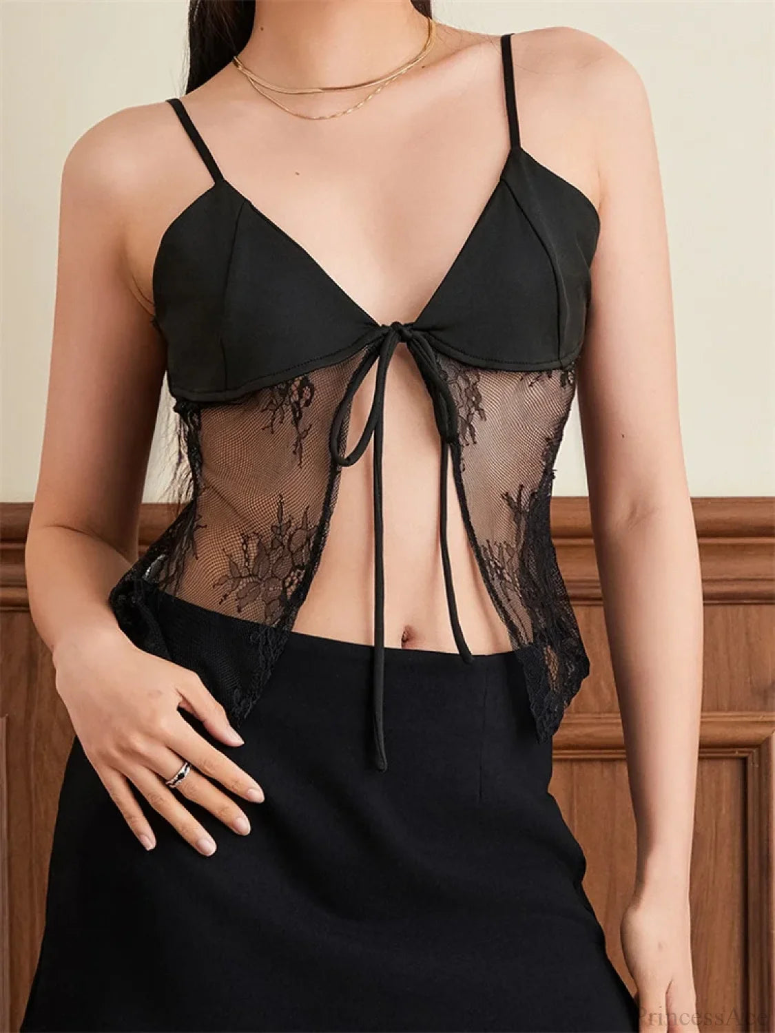 Lace Spaghetti Strap Split See-through Crop Top BLACK / S croptop-250126