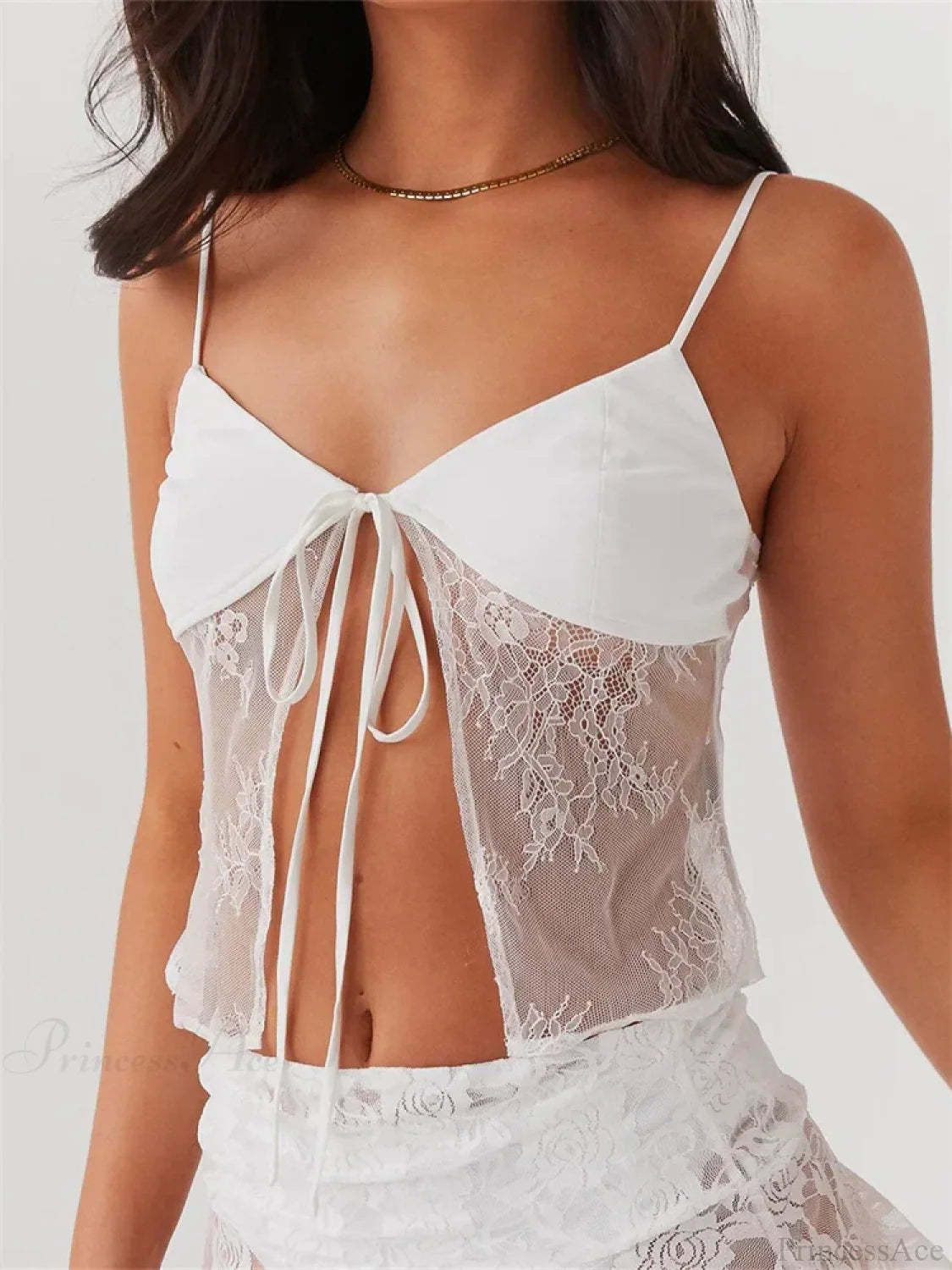 Lace Spaghetti Strap Split See-through Crop Top croptop-250126