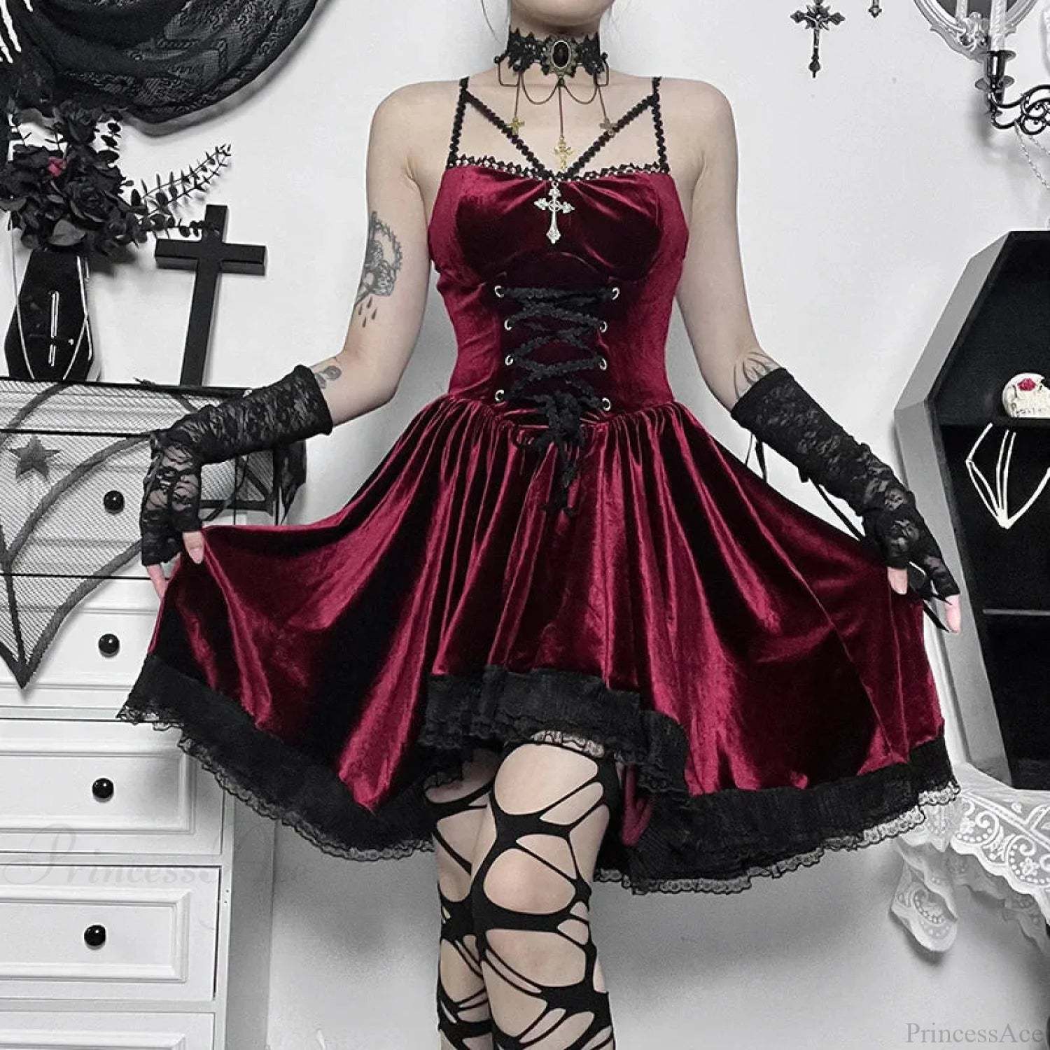 Lace Tall Waist Mini Garment red / S